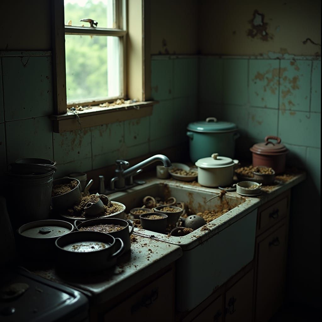 Gritty Trap House Kitchen in High-Contrast Realism