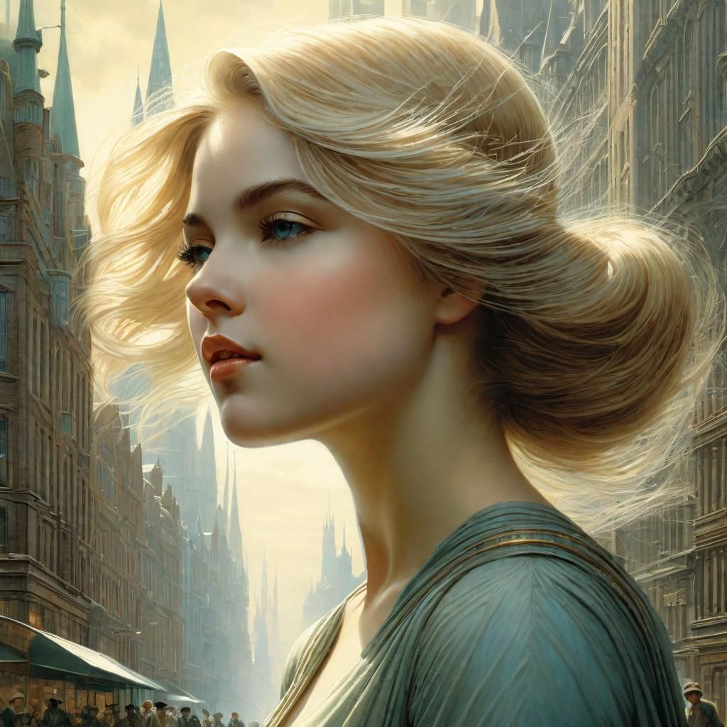 a highly detailed illustration of a beautiful young women in city 2023 by Kate Greenaway,Peter Gric,Filip Hodas,Bill Jac...