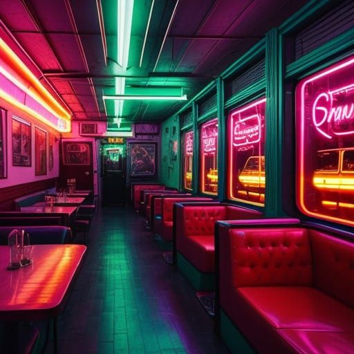 Vibrant Night Cafe Scene in Retro-Futuristic Style