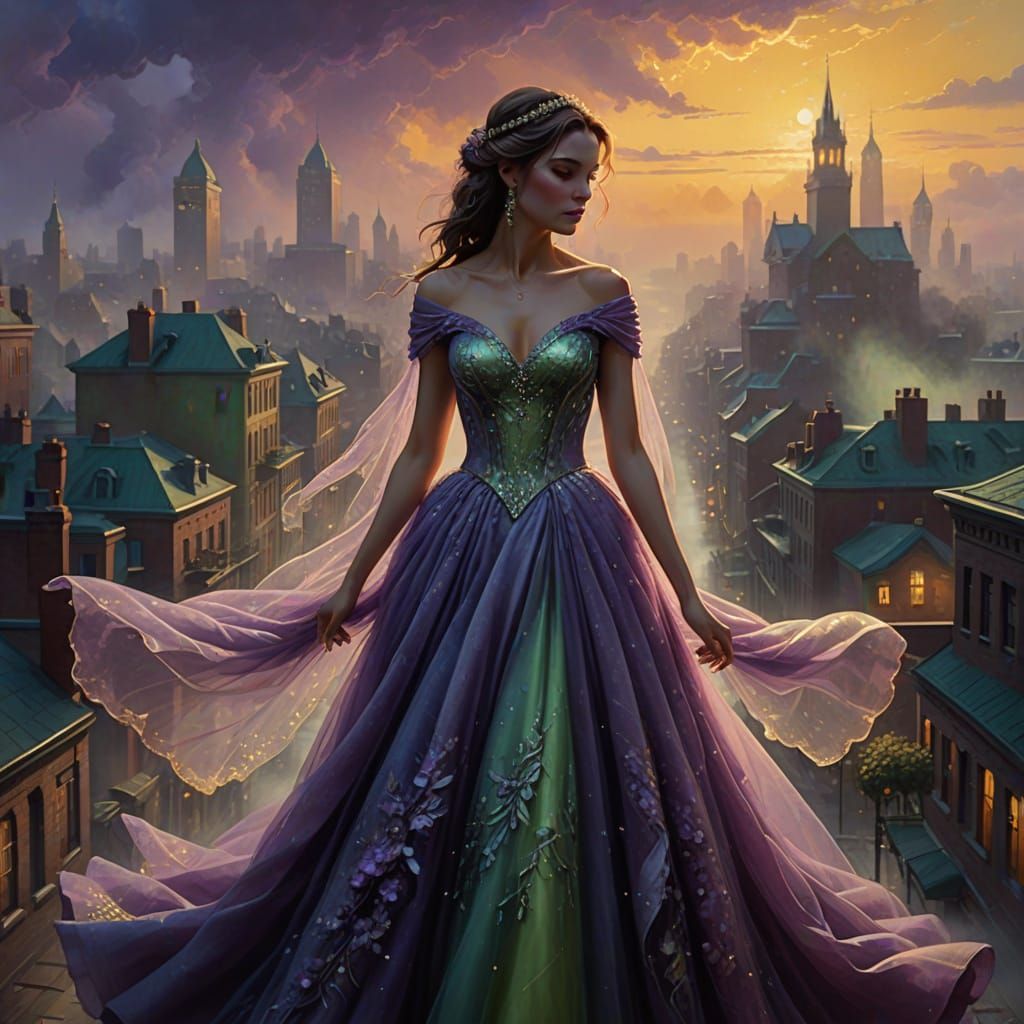 Ethereal Wedding Gown in Dusk Cityscape