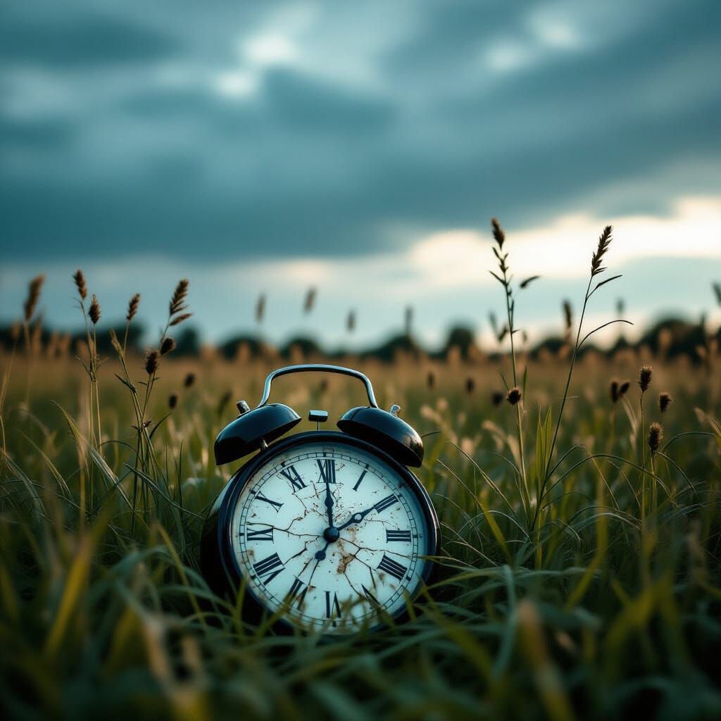 Moody Film Still of Broken Clock in Stormy Field