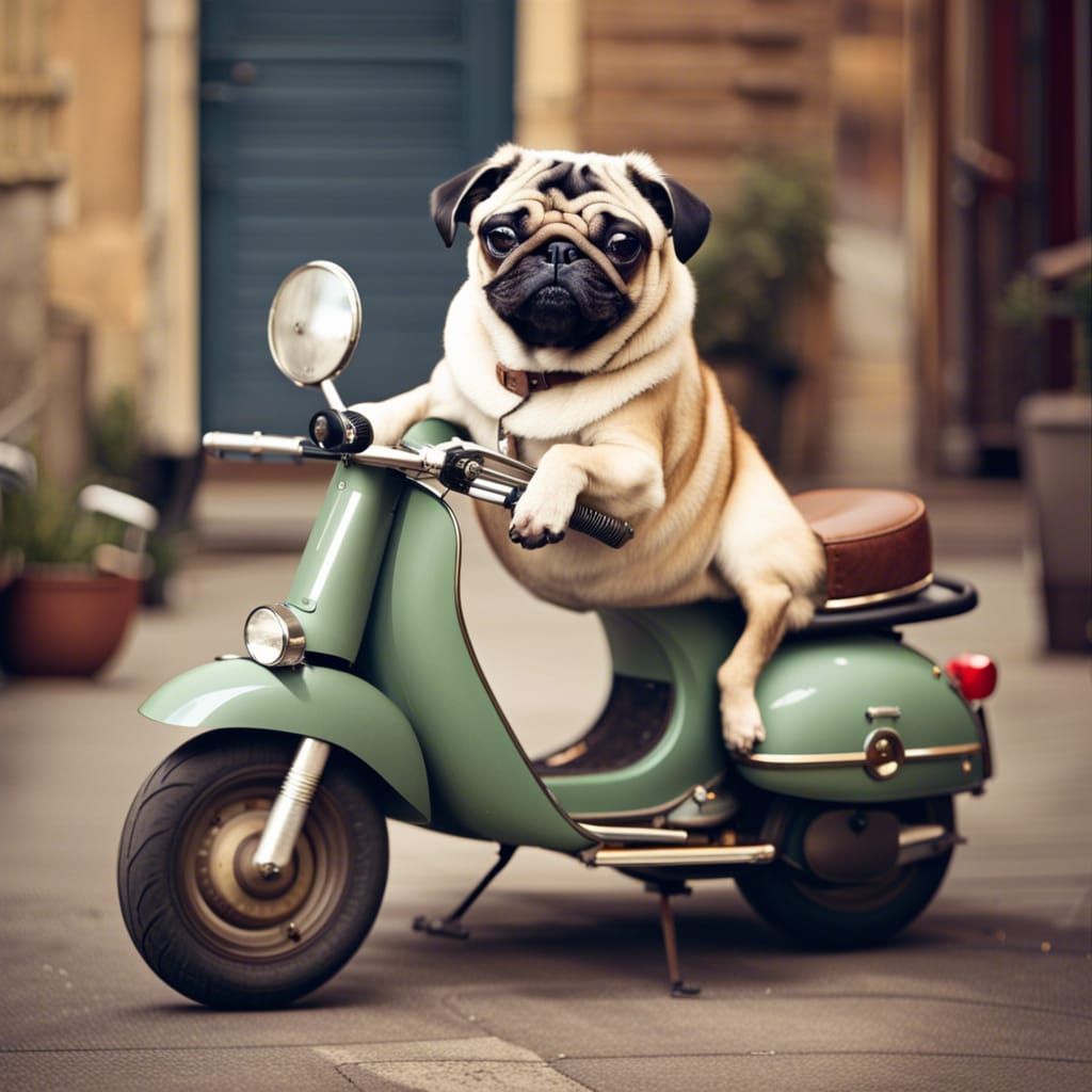 Pug Rides a Vespa Motorcycle