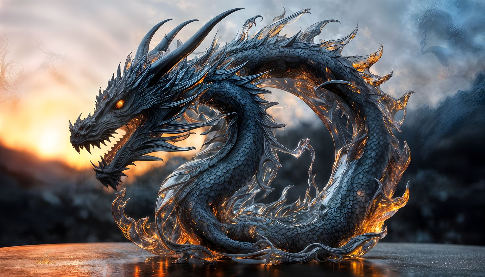 Hyper Realistic Glass Dragon in Fiery Atmosphere
