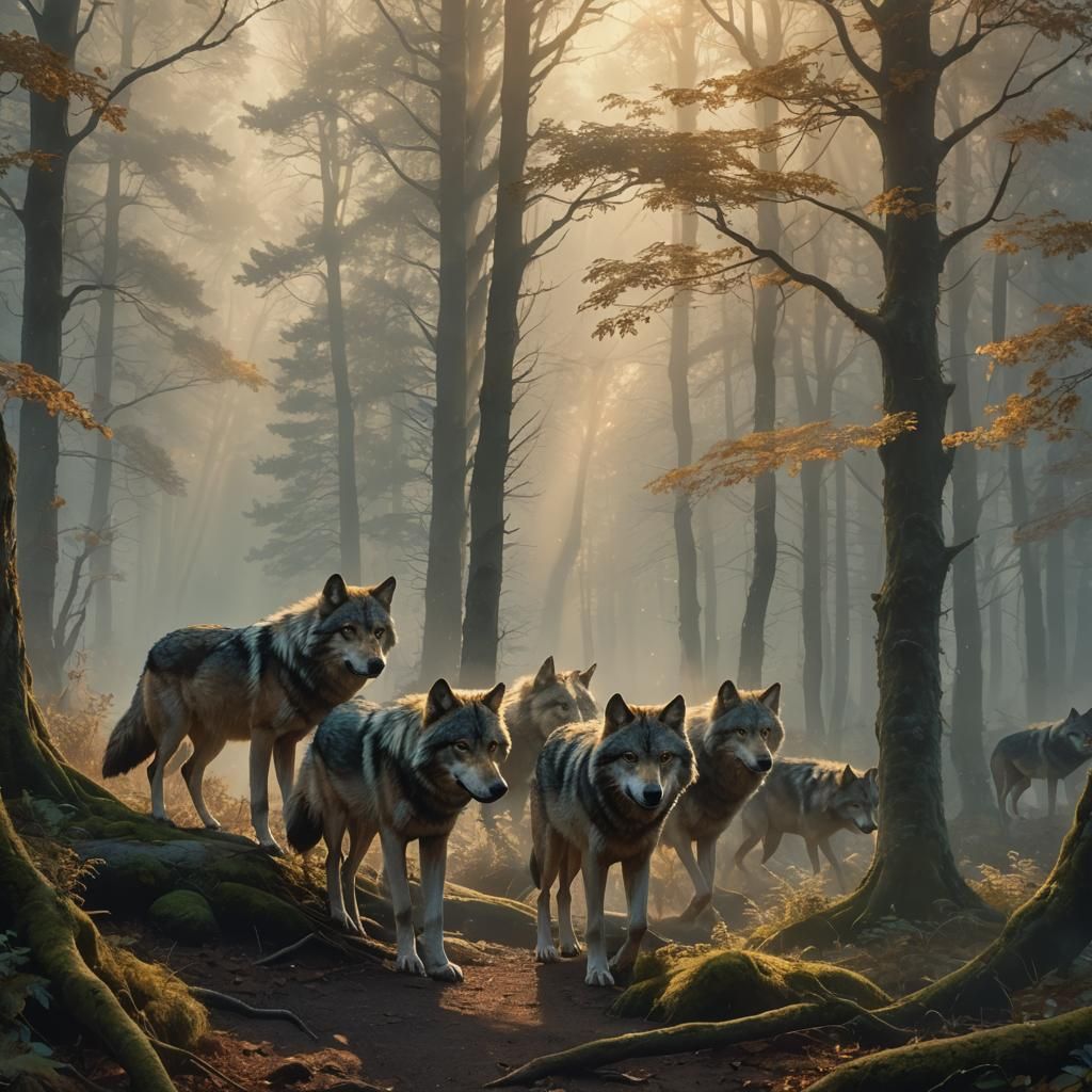 Ethereal Wolves in Misty Forest with Golden Light