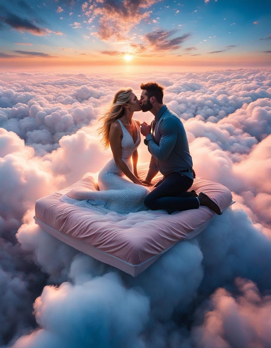 Romantic Couple Kissing on Floating Bed at Sunrise