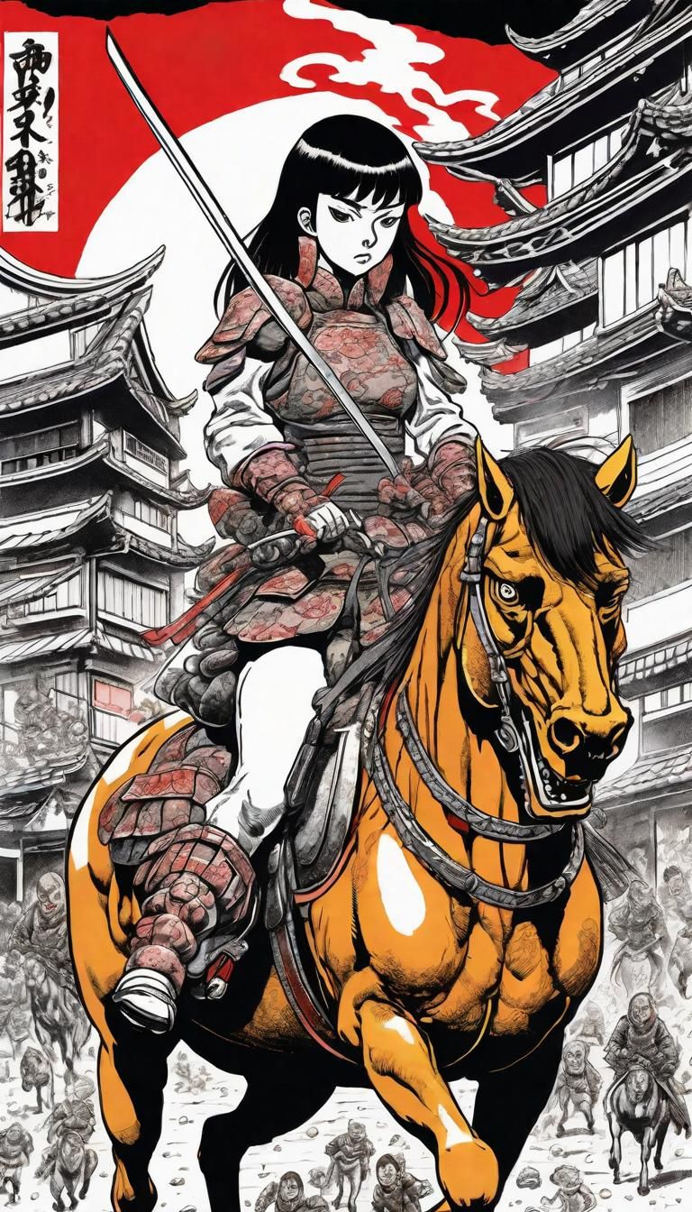 Ultra Detailed Anime Style portrait of Reina Hazuki, wearing slick samurai Armor and riding a horse while fighting alot ...