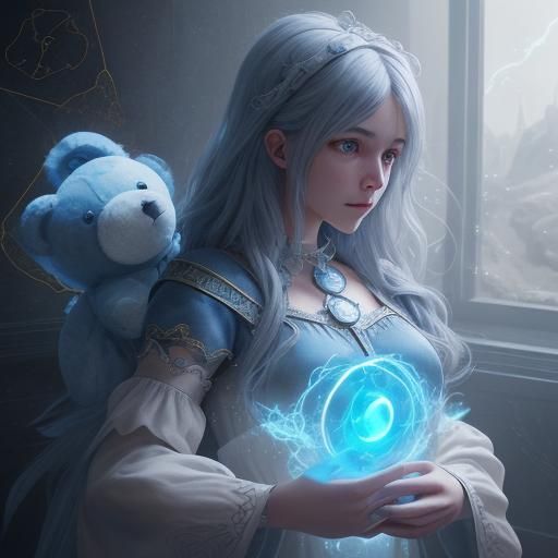 Girl Wizard Summons Teddy Bear Knight in Digital Art