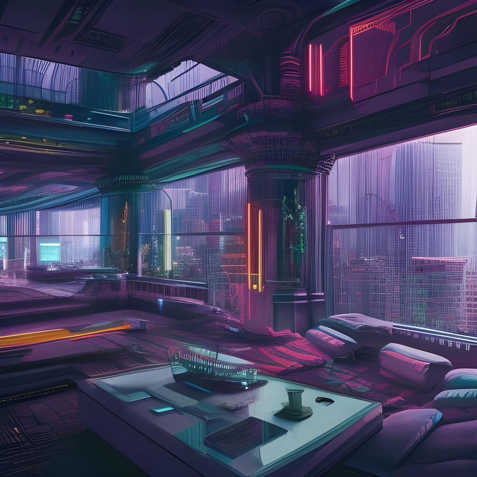 Cyberpunk Penthouse View of Neon Cityscape