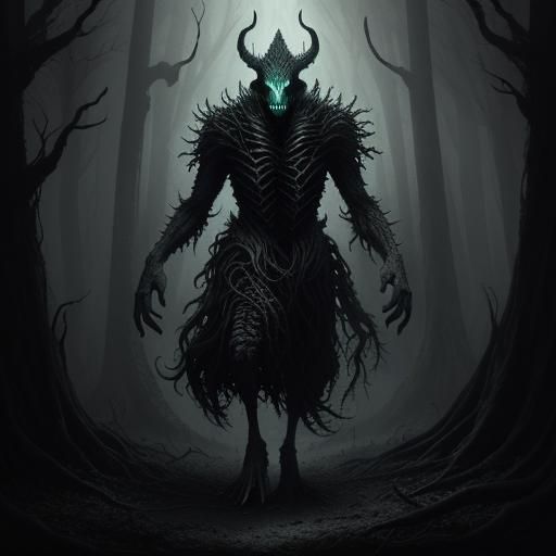 Lovecraftian Monster in Eerie Forest: Pencil Sketch