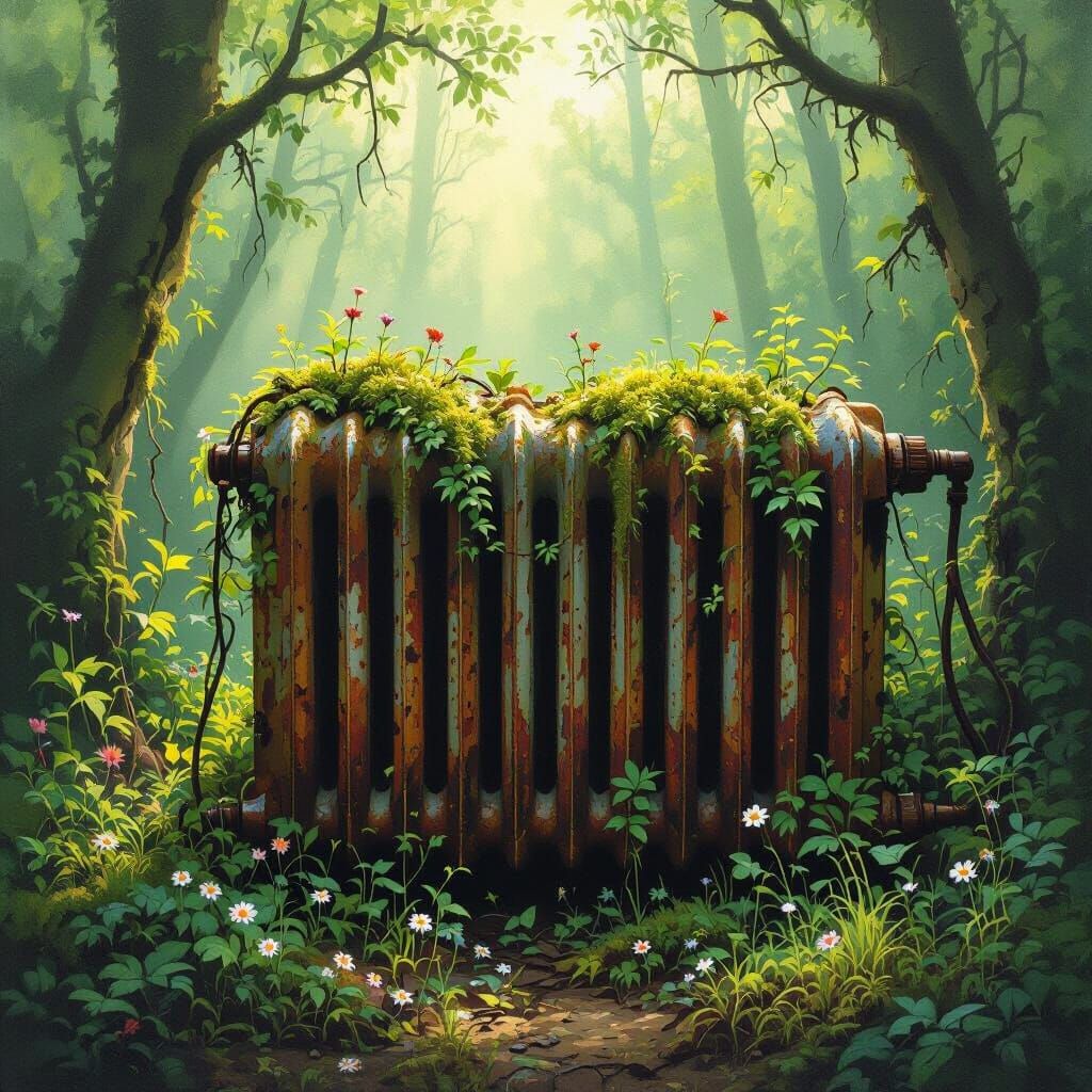Rusted Radiator Reclaimed by Forest in Oil Painting Style