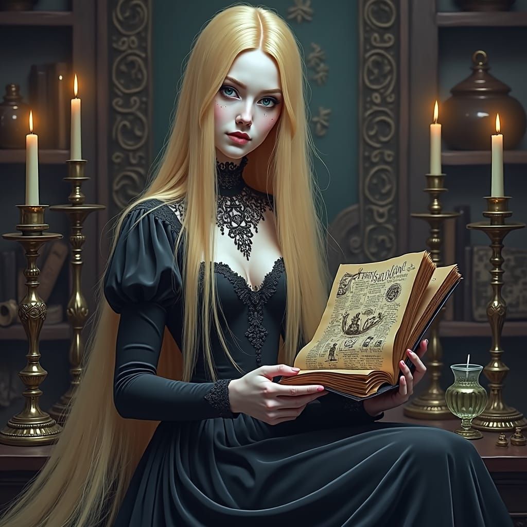Gothic Woman Reading Alchemist Manuscript in Dark Realism