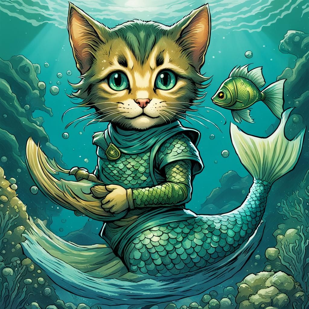 Kitten Mermaid in Blue and Green Comic Book Style