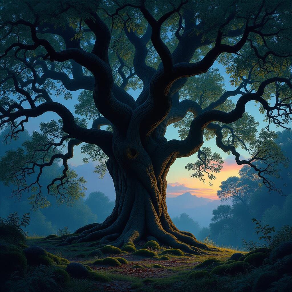 Majestic Ancient Oak Tree in Twilight Forest Clearing