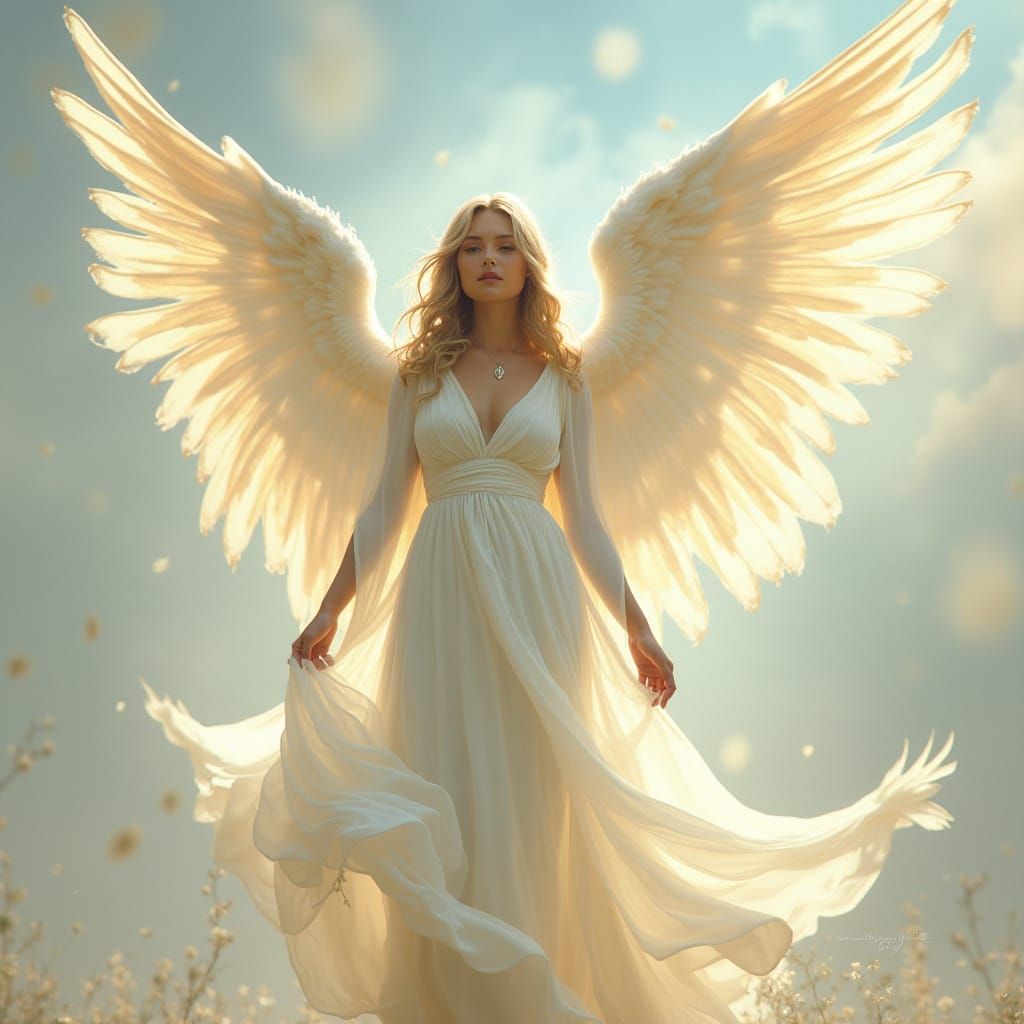 Ethereal Angel with Flowing Robes and Delicate Wings