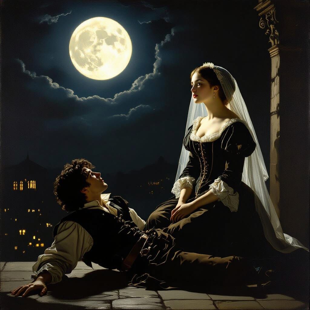 Romeo and Juliet Balcony Scene in Renaissance Oil Style