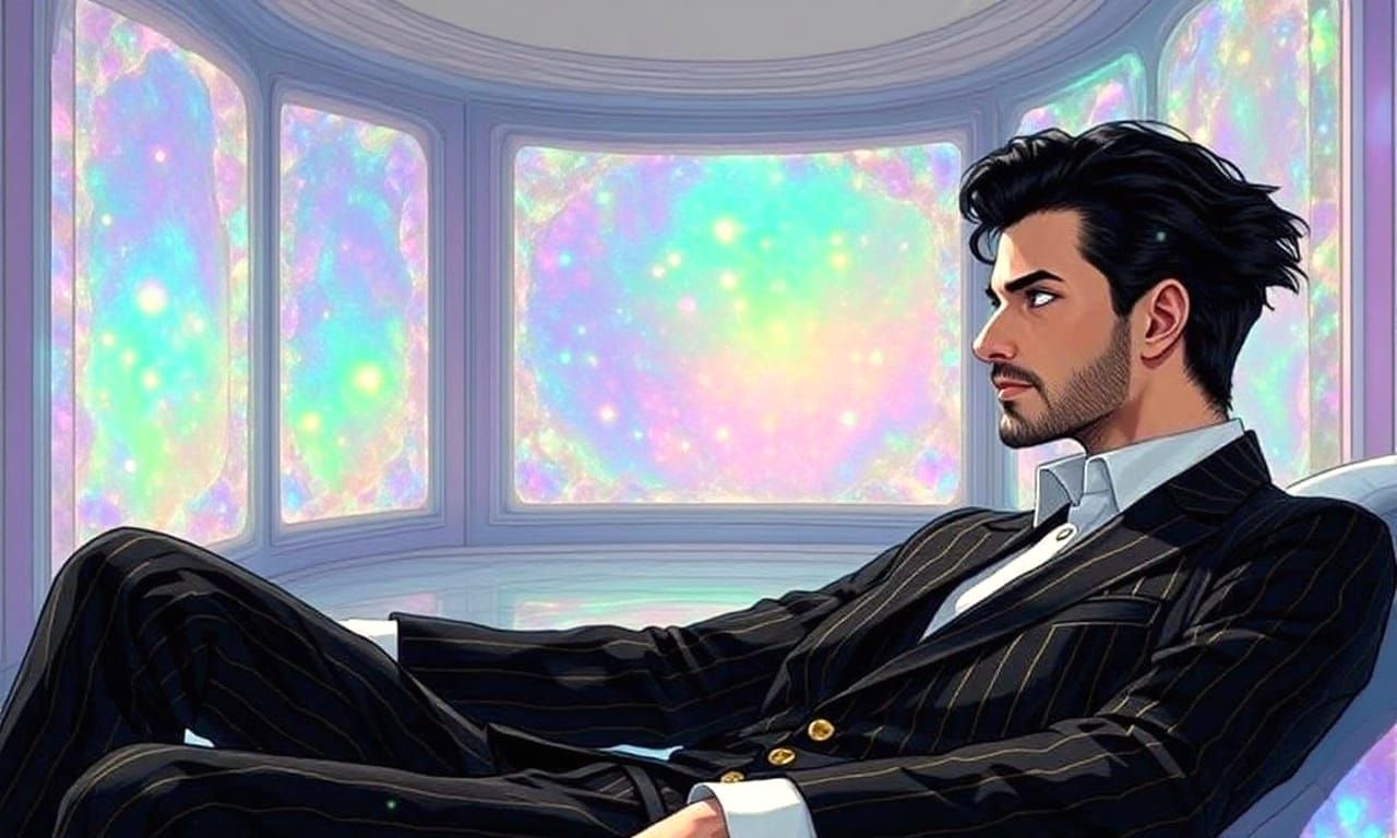 Man in Opal Armchair with Metallic Eyes