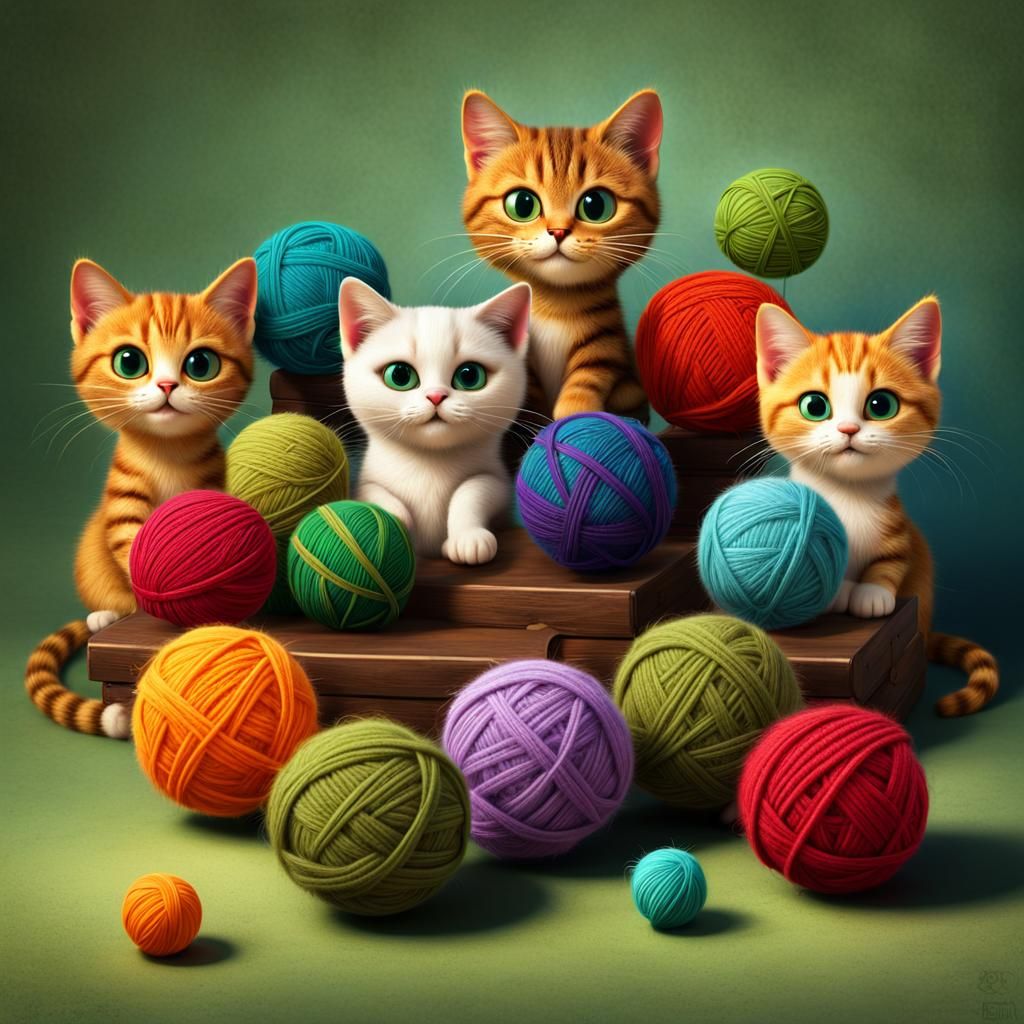 Cute Googly-Eyed Cats Play with Wool Balls