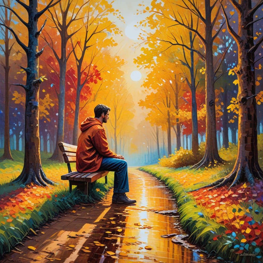 Serene Oil Painting of Solitary Reflection in Golden Light