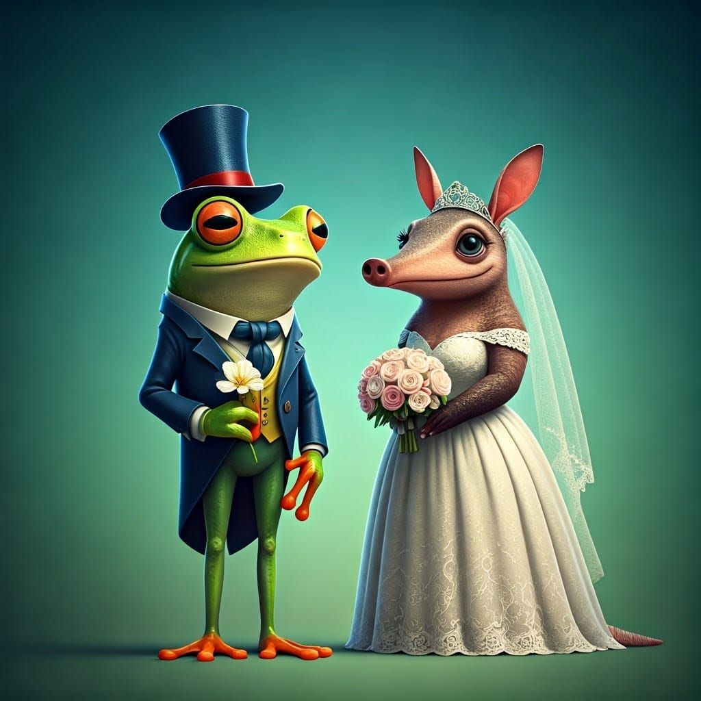Charming Frog and Aardvark Couple Exchange Vows in Whimsical...