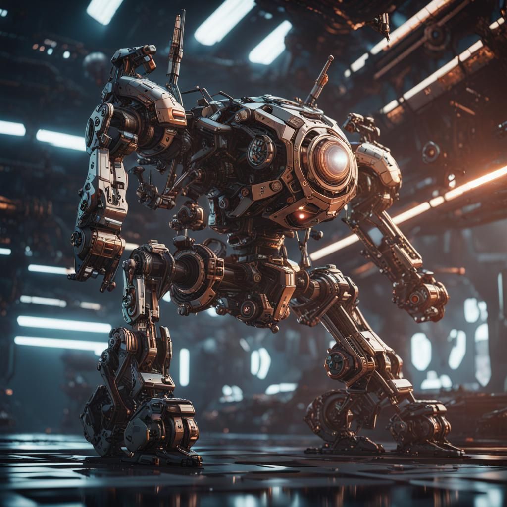 Futuristic Mech Ground-Level Shot in Cyberpunk Style