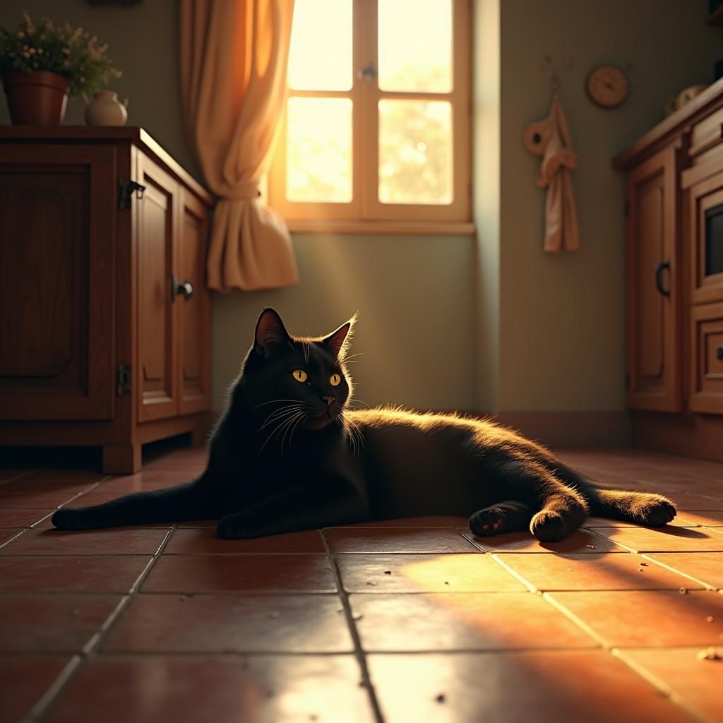 Black Cat Basking in Sunlight: Photorealistic Matte Painting