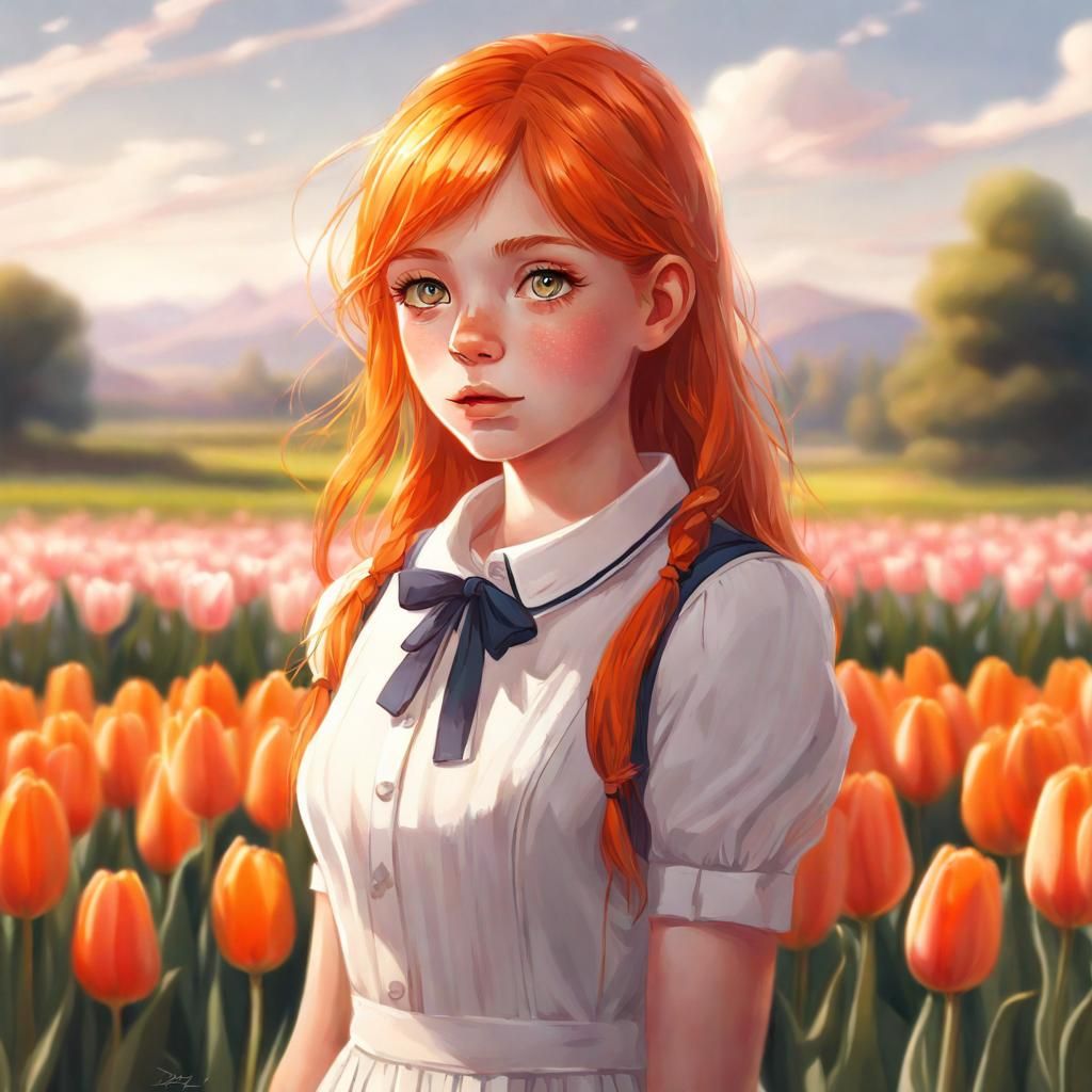 Girl in Tulip Field: Detailed Illustration