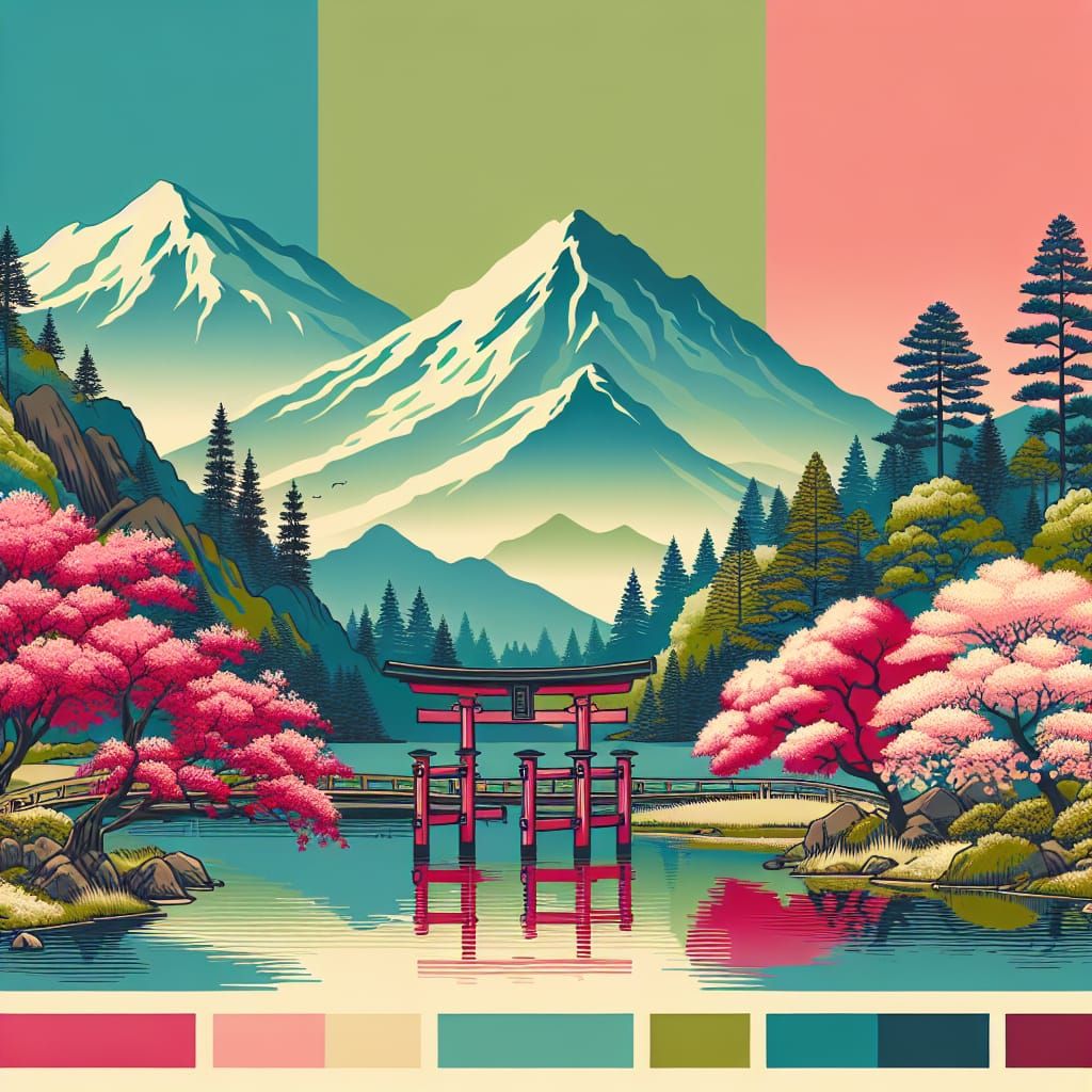 Vibrant Japanese Landscape in Triadic Harmony