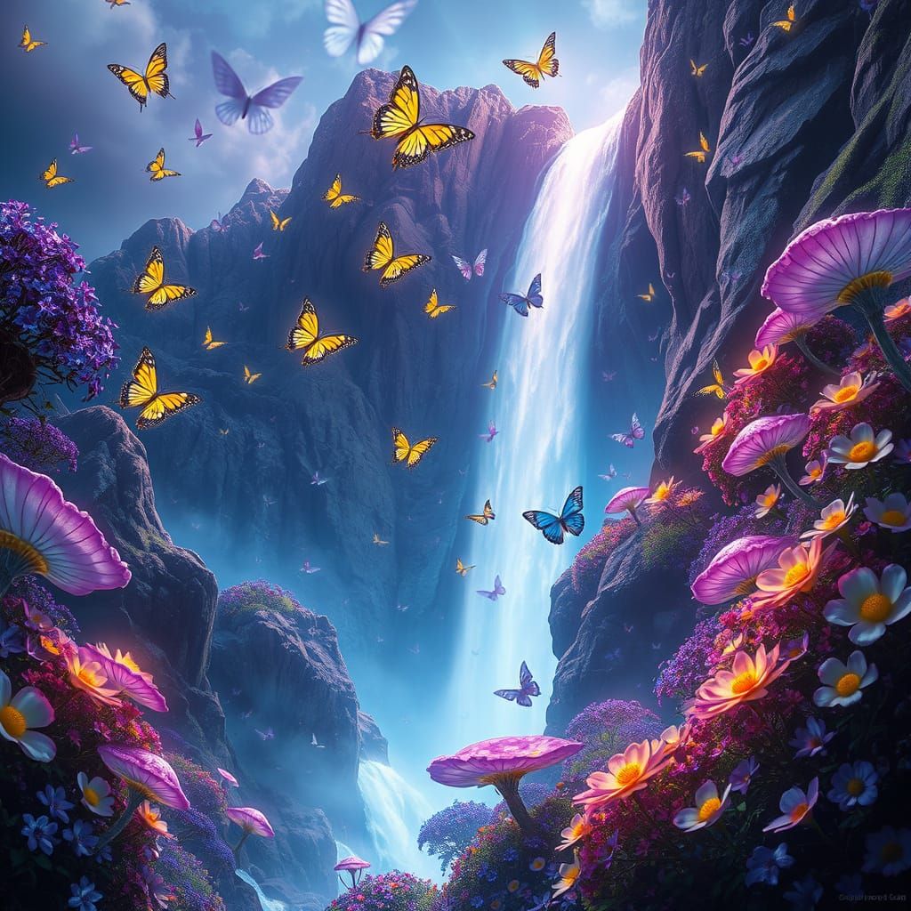 Mystical Crystal Waterfall with Iridescent Butterflies