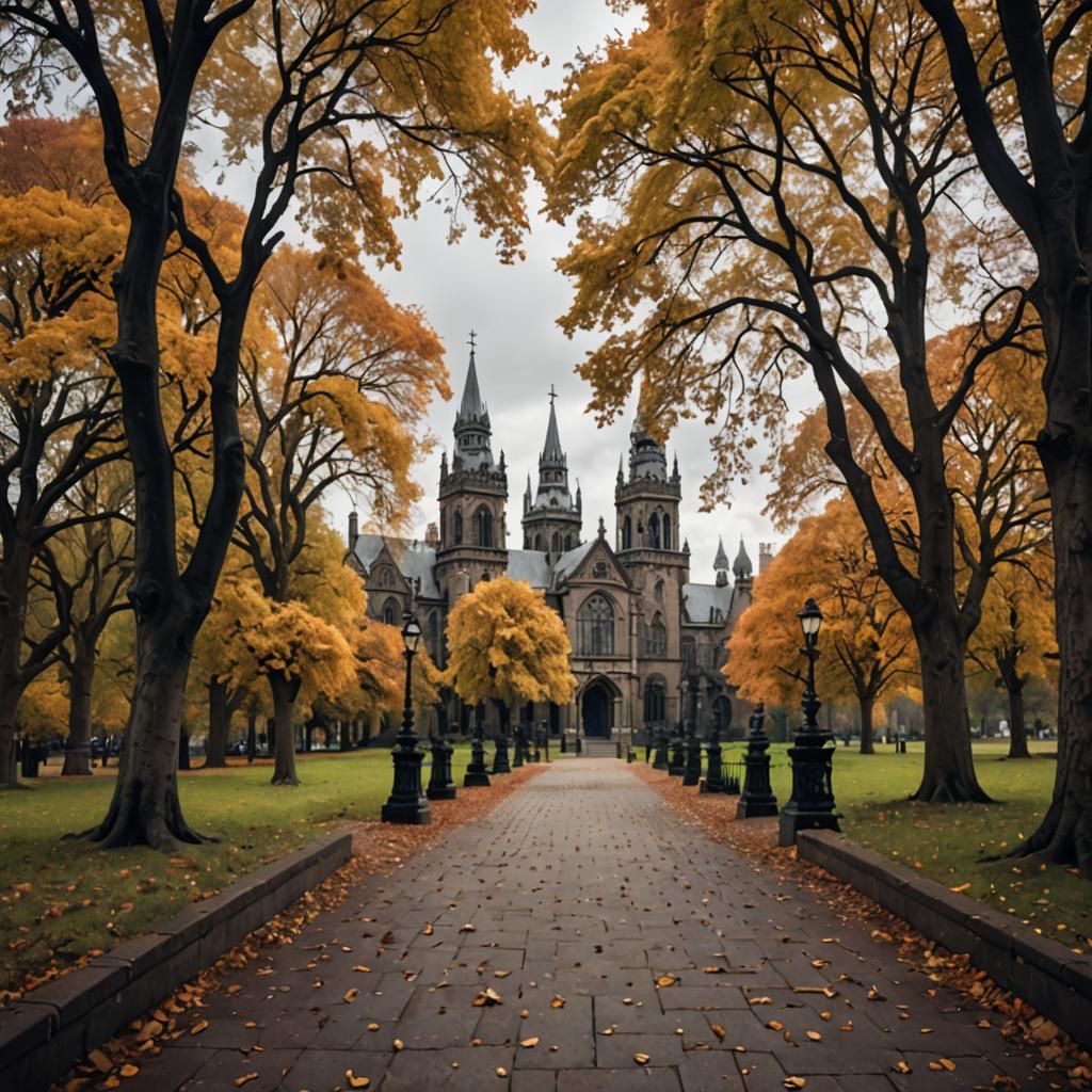 Gothic Victorian City Park in Autumn