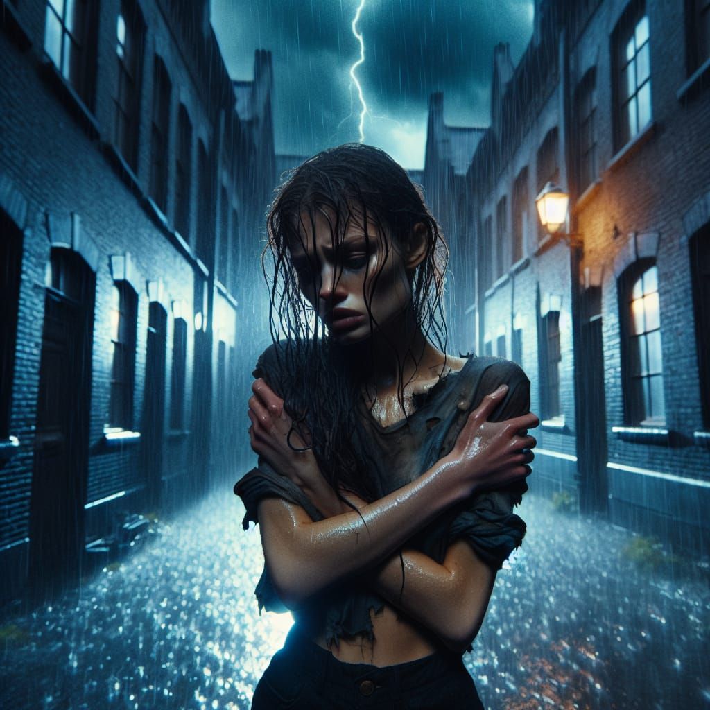 Rainy Alleyway: Woman in a Thunderstorm
