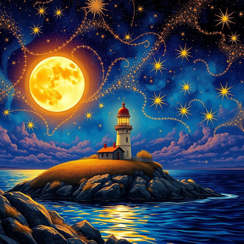 Fauvist Lighthouse Under Starry Night Sky