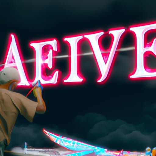 hyperrealism an angel working on a neon sign with the word "...
