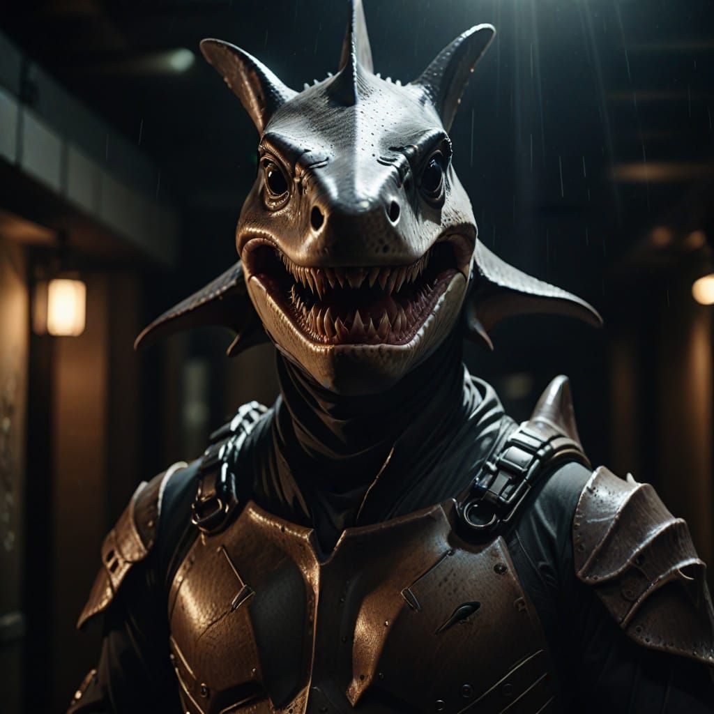 Australian Man in Shark Costume: Hyperrealistic Film Still