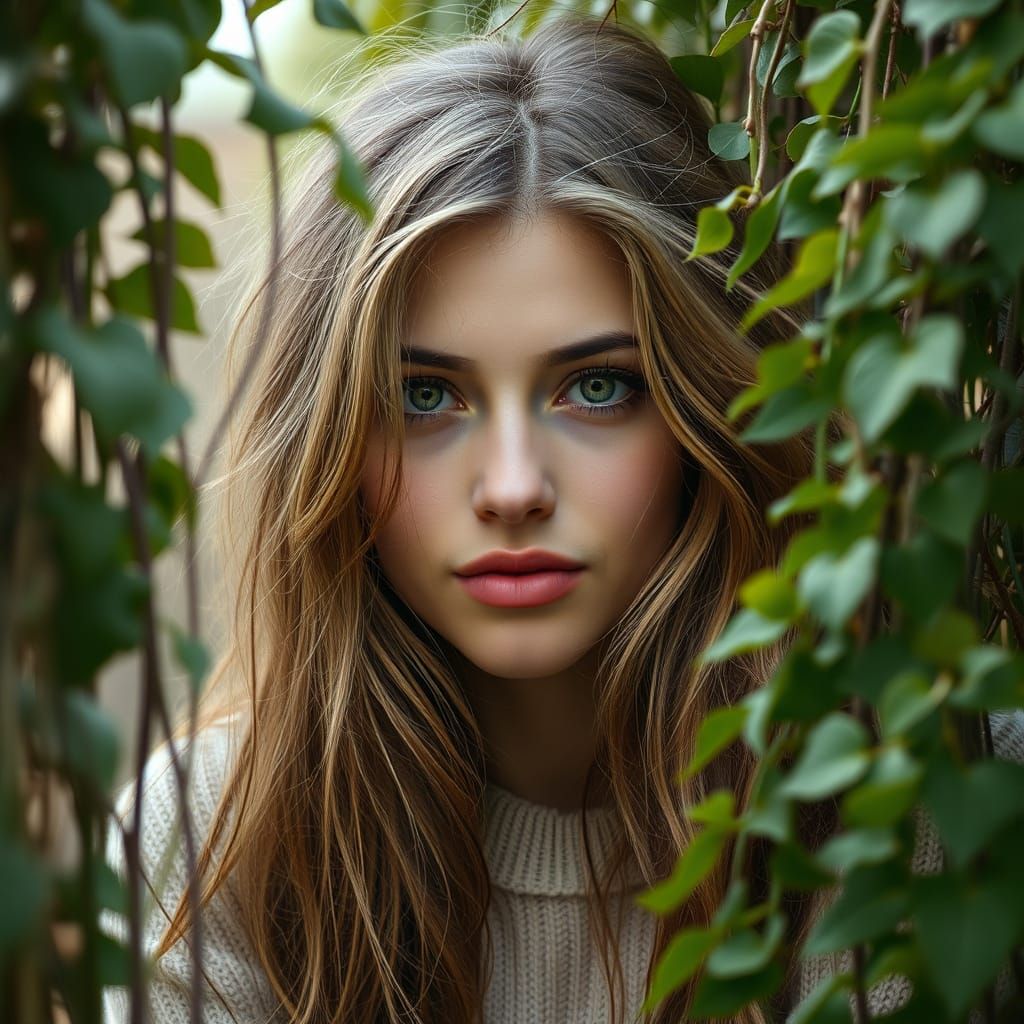 Curious Woman Among Climbing Plants