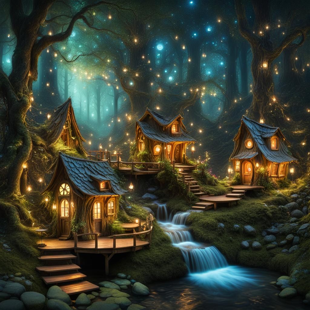 Enchanting Fairy Village with Fireflies at Night