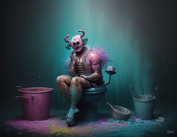 Grotesque Clown Weeping Glitter in Surreal Nightmare
