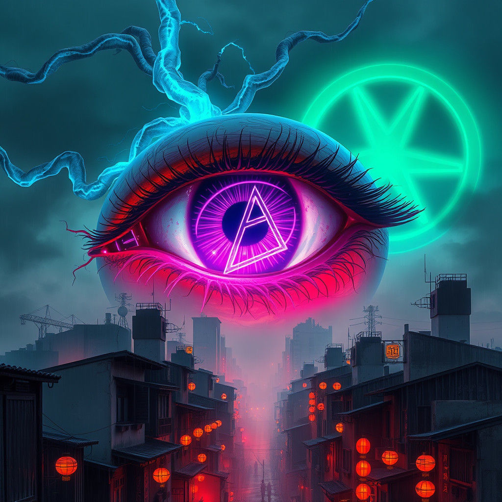 Cyberpunk Eye Over Dystopian Cityscape