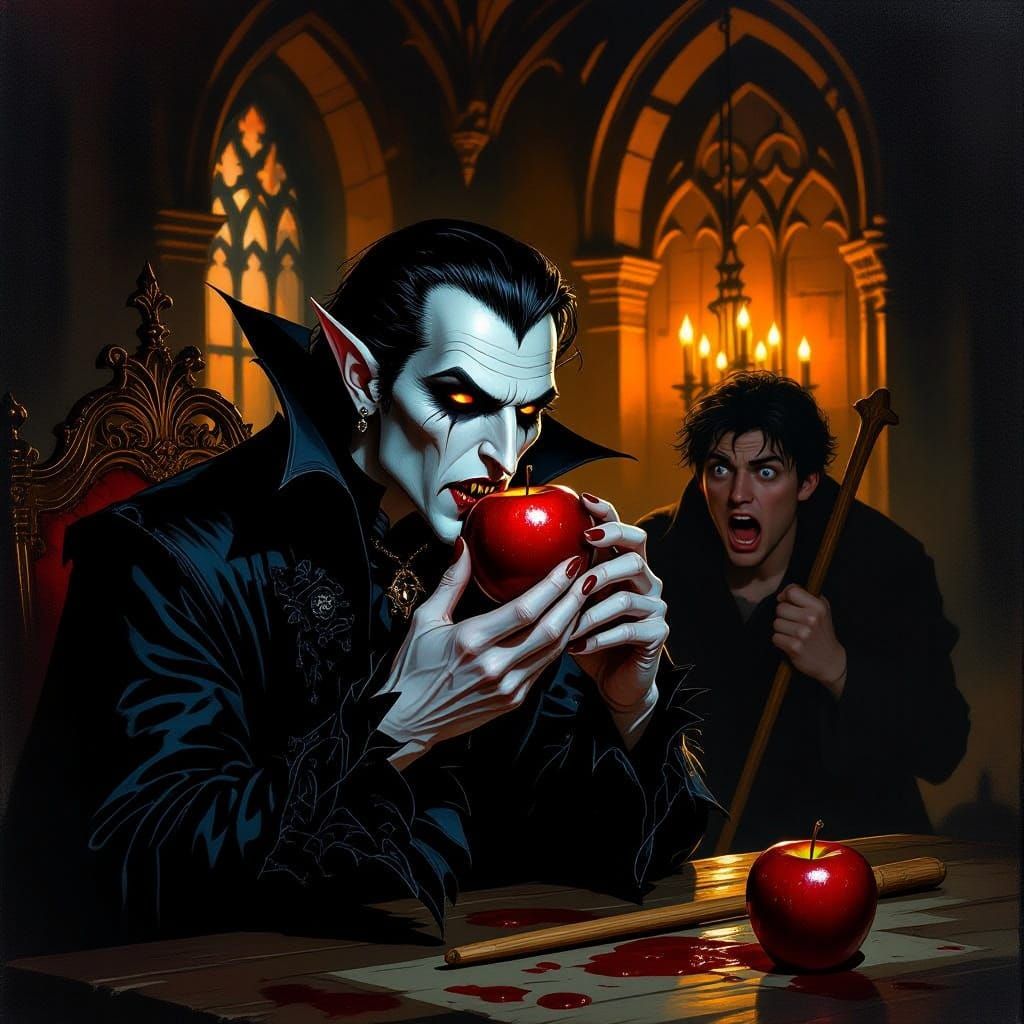 Gothic Vampire Eats Apple in Castle with Terrified Human