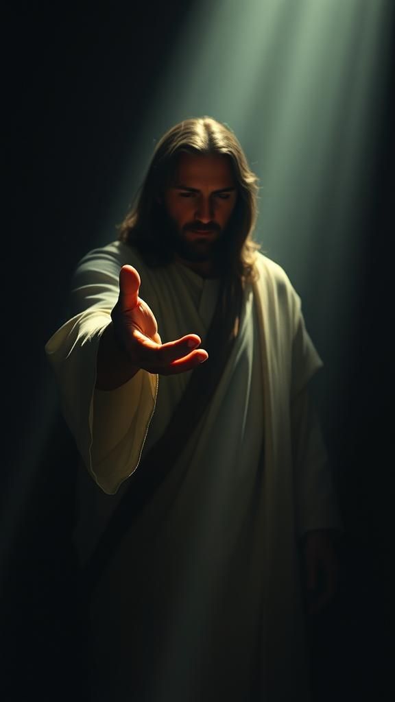 Hopeful Jesus Reaching Hand in Dark, Film Style