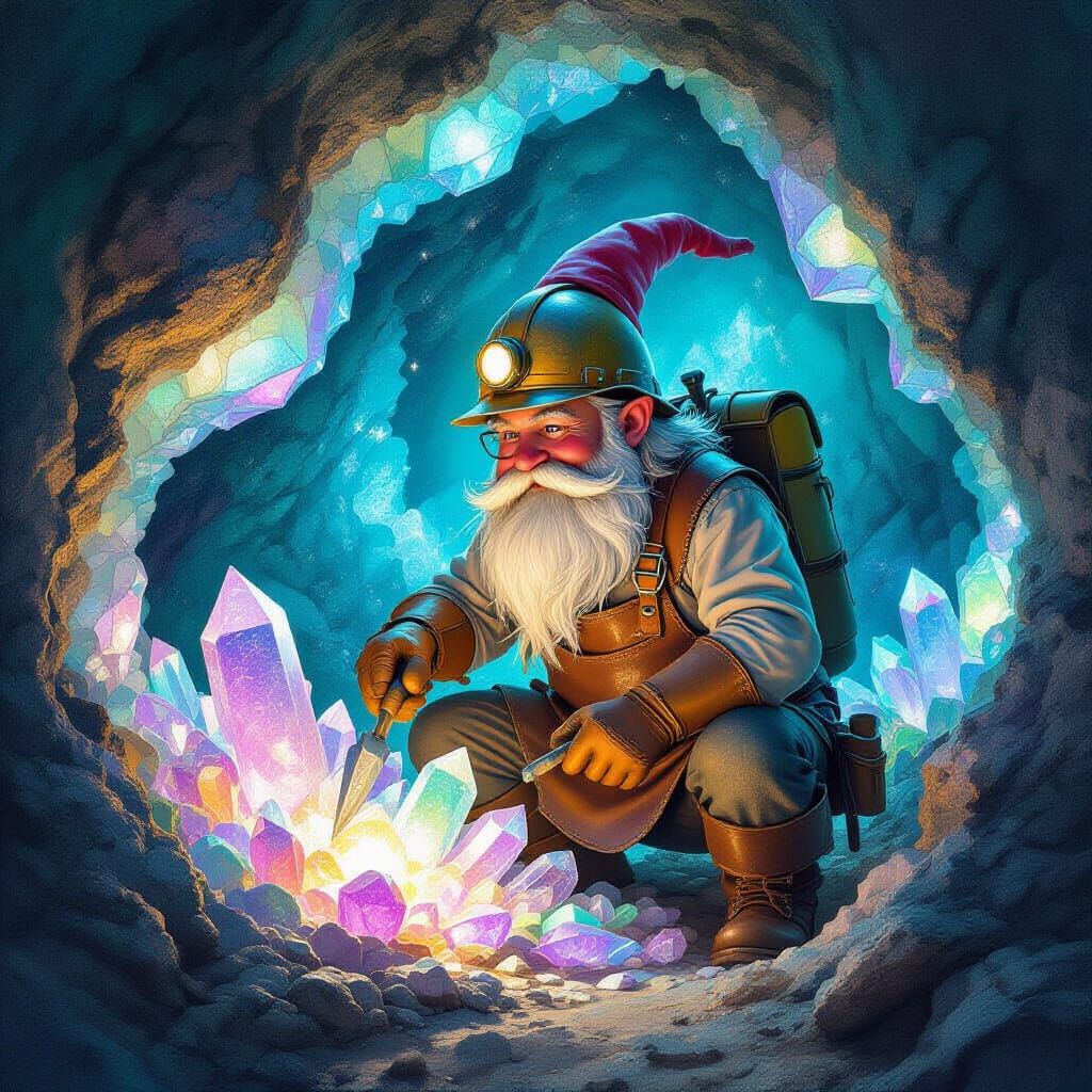 Gnome Excavating Crystals in Luminous Geode