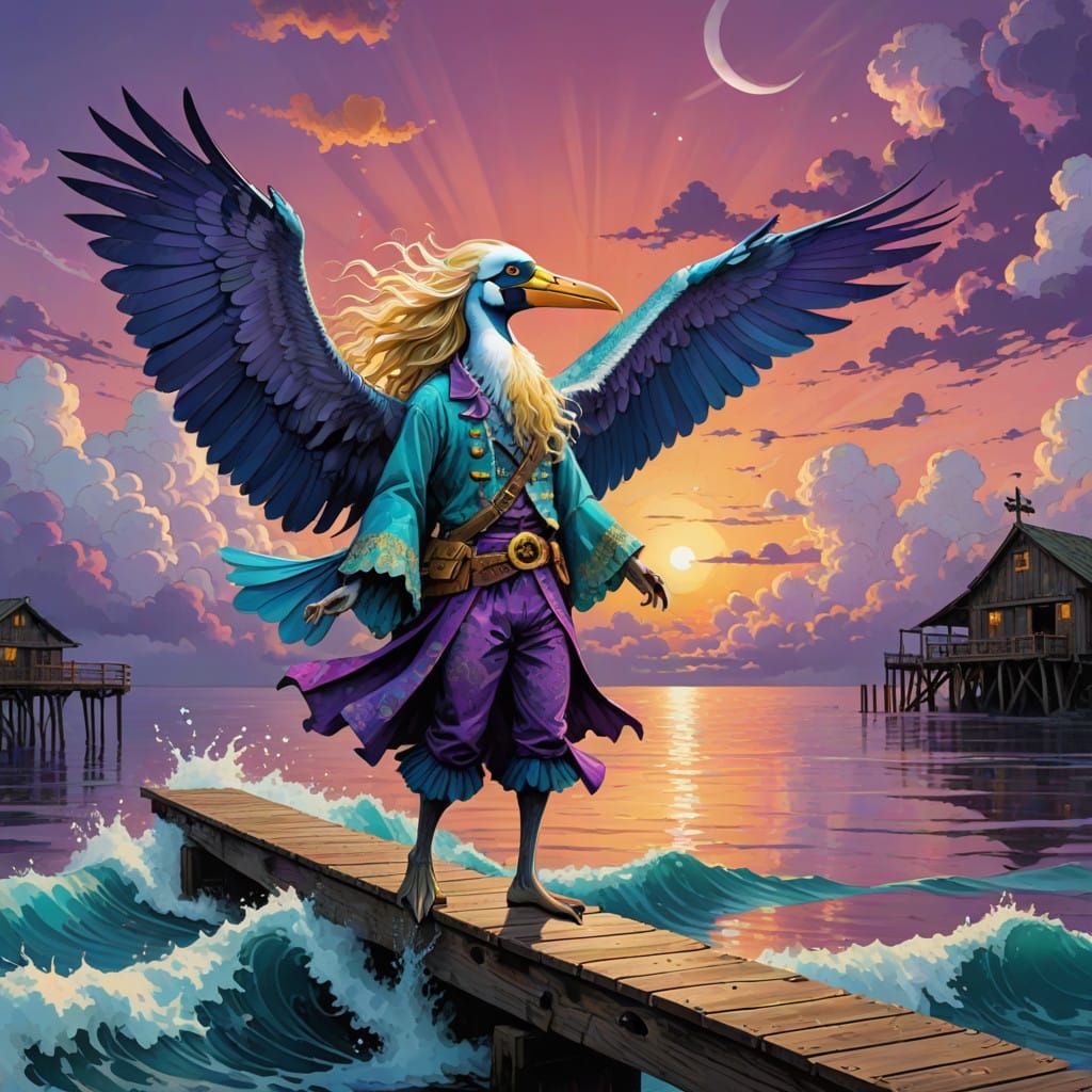 A double exposure photo of a half or pirate and a purple pelican