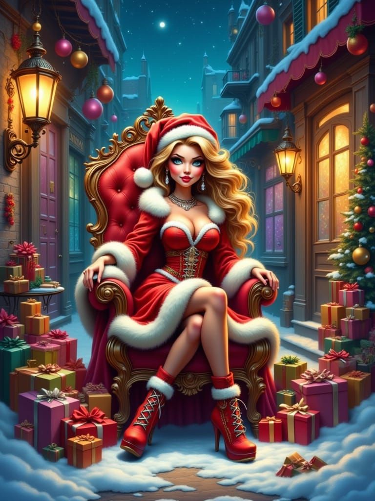 Whimsical Bratz Elf Woman on Throne in Snowy Alley