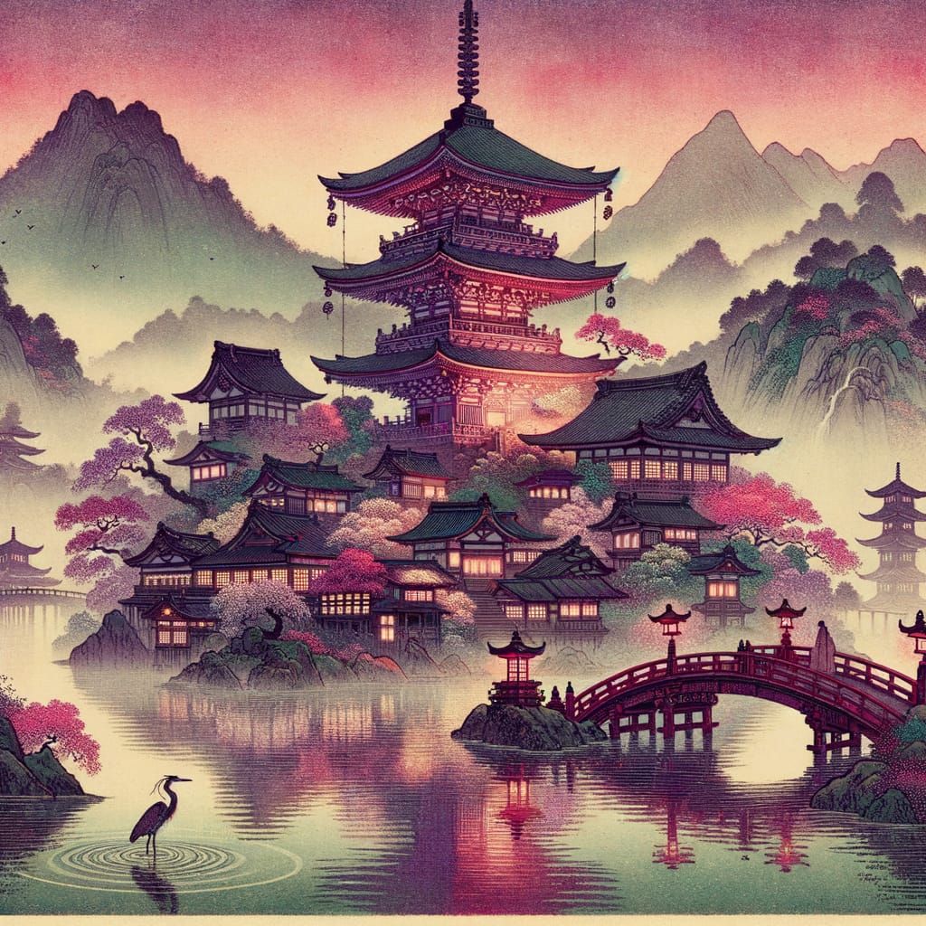 Mystical Ukiyo-e Japanese Village with Pagoda