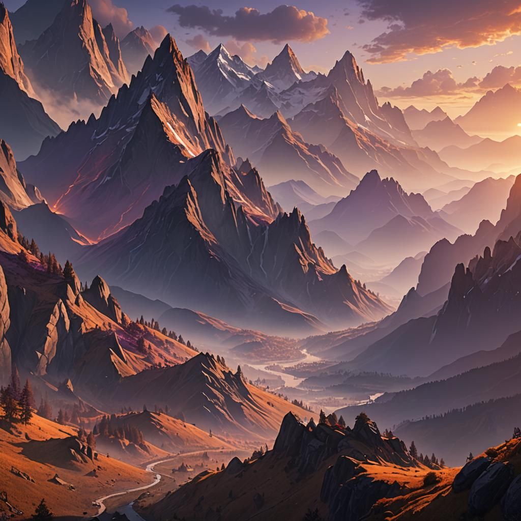 Majestic Mountains at Sunrise: A Fantasy Landscape