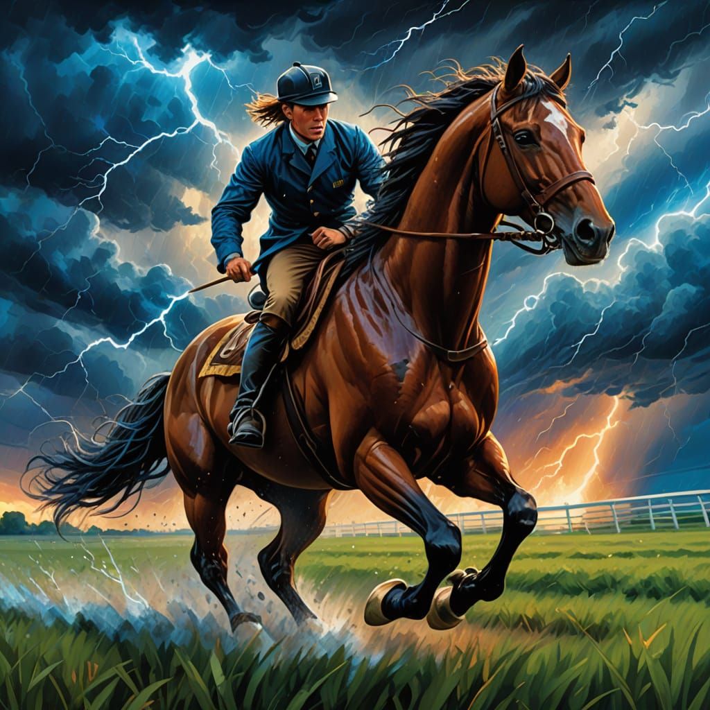 Sapphire Racehorse Galloping in Energetic Oil Painting