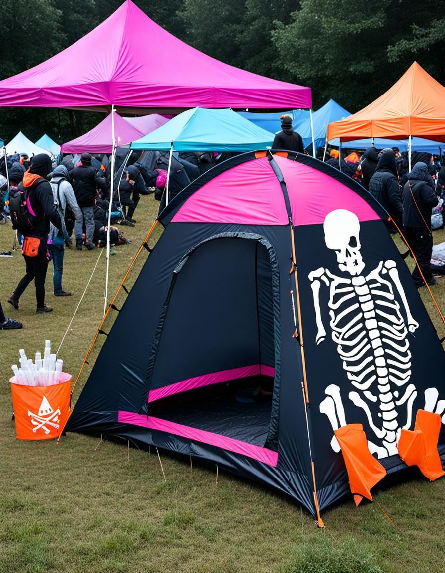 Surreal Protest Encampment with Unicorn Skeleton