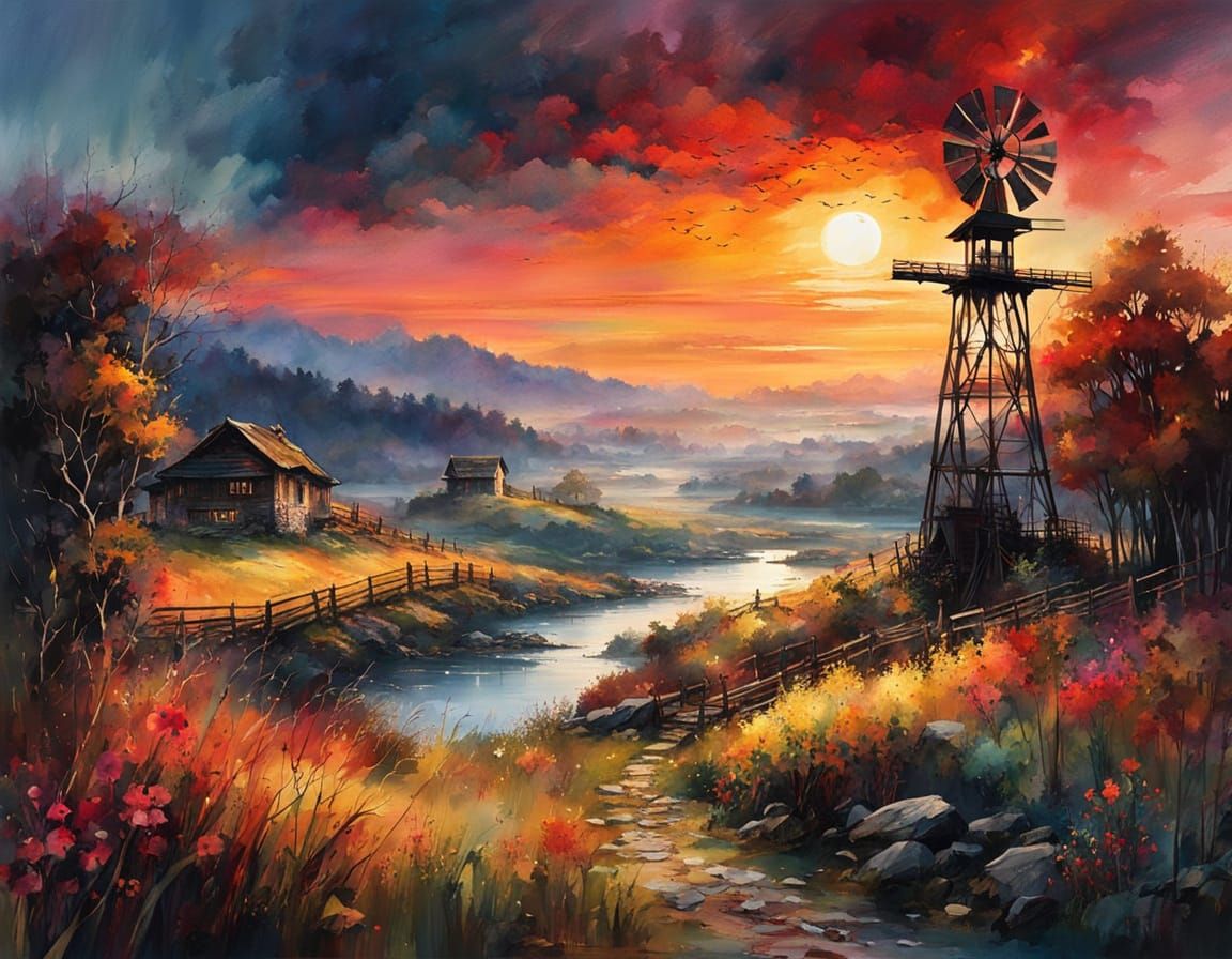 Sunset Windmill Glow: Rural Serenity