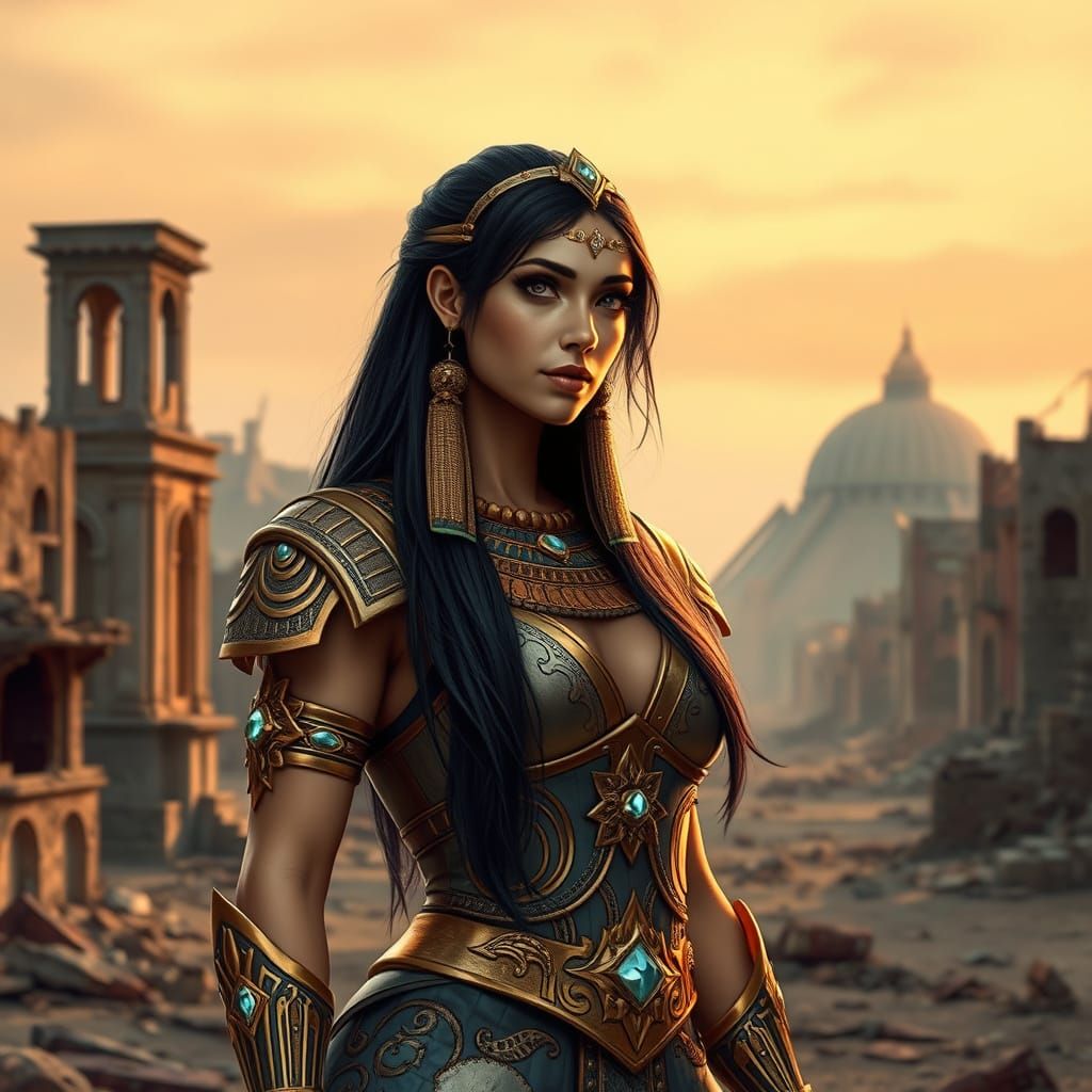 Ancient Queen Empress in Futuristic Ruins