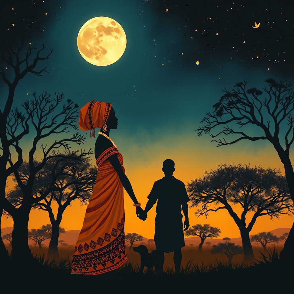 Romantic Silhouette Under Moon in Impressionist Style