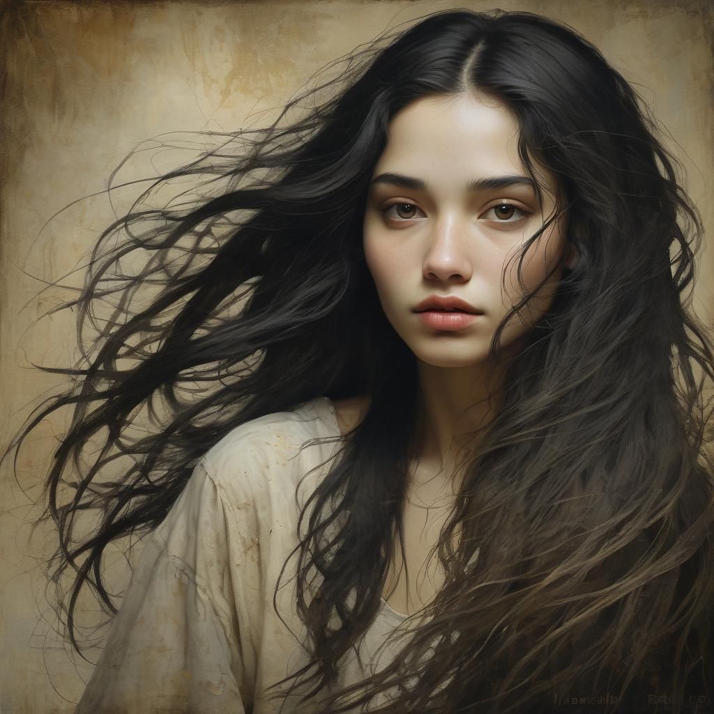 Woman with Long Black Hair in Realistic Oil Painting